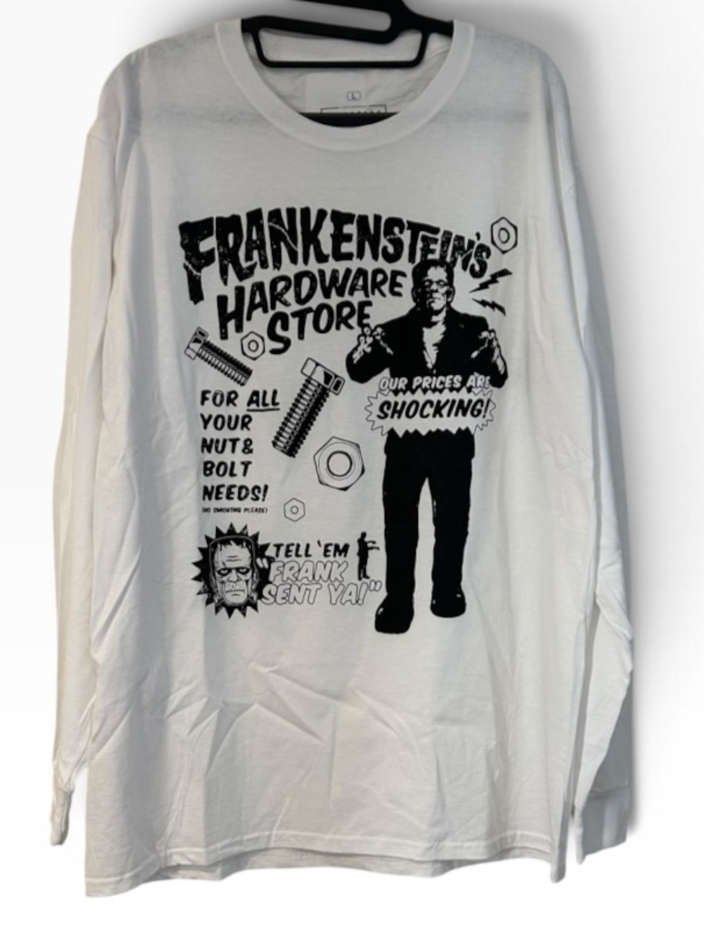 Universal Monsters Frankenstein’s Hardware Store White Long Sleeve Graphic Tee L